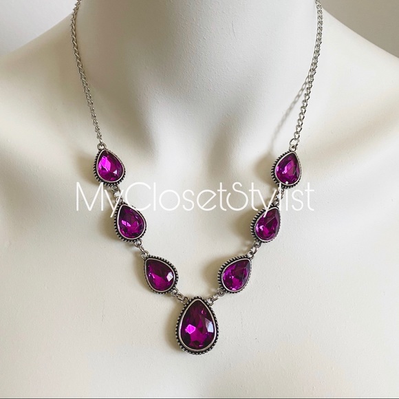 Anthropologie Purple Statement Silver Necklace New - Picture 2 of 4